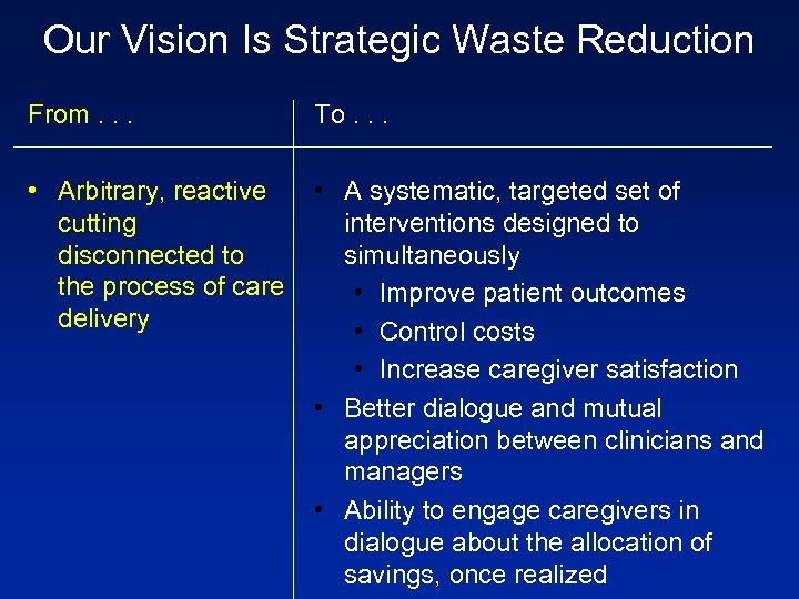 Our Vision Is Strategic Waste Reduction From. . . To. . . • Arbitrary,