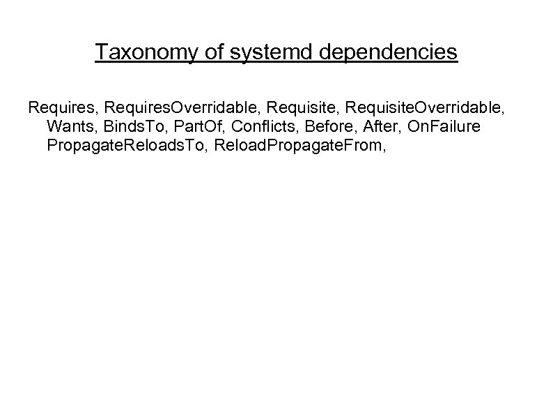 Taxonomy of systemd dependencies Requires, Requires. Overridable, Requisite. Overridable, Wants, Binds. To, Part. Of,