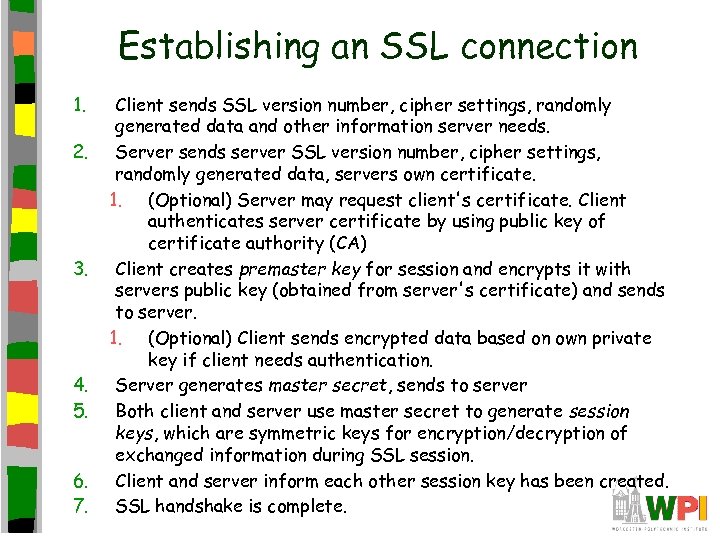 Establishing an SSL connection 1. 2. 3. 4. 5. 6. 7. Client sends SSL