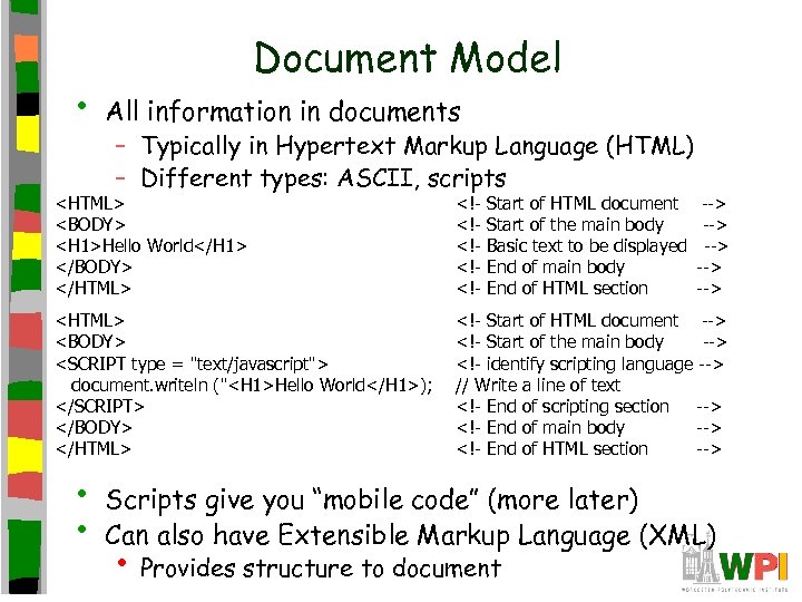  • Document Model All information in documents – Typically in Hypertext Markup Language
