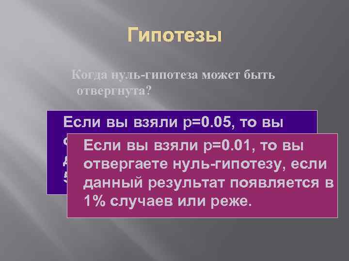 Гипотезы Когда нуль-гипотеза может быть отвергнута? Если вы взяли р=0. 05, то вы отвергаете