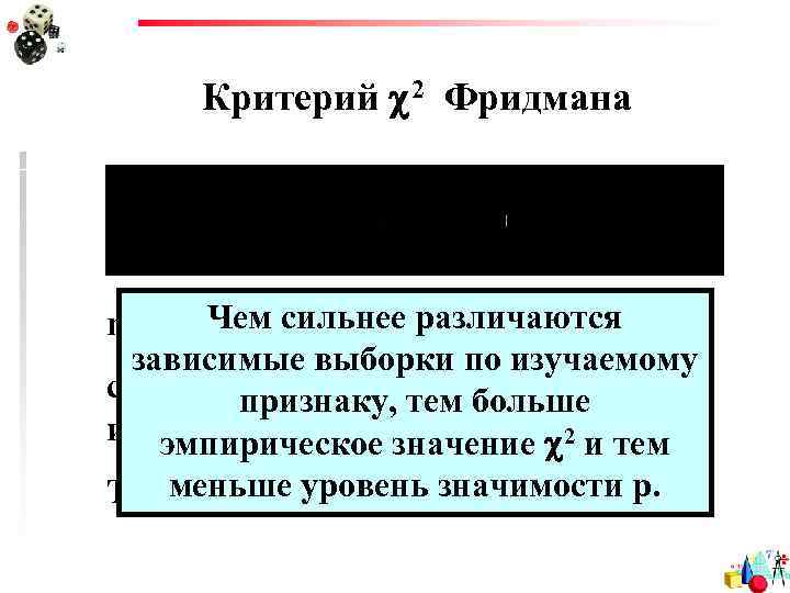 Критерий 2 Фридмана Чем сильнее различаются n – число испытуемых зависимые выборки по изучаемому