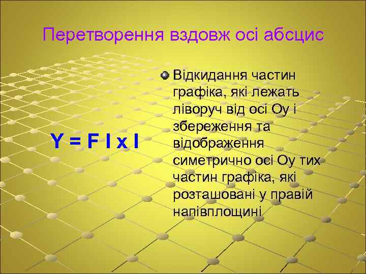 Перетворення вздовж осі абсцис Y=FІxІ Відкидання частин графіка, які лежать ліворуч від осі Оу