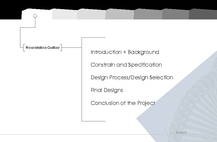 Presentation Outline Introduction + Background ` Constrain and Specification Design Process/Design Selection Final Designs