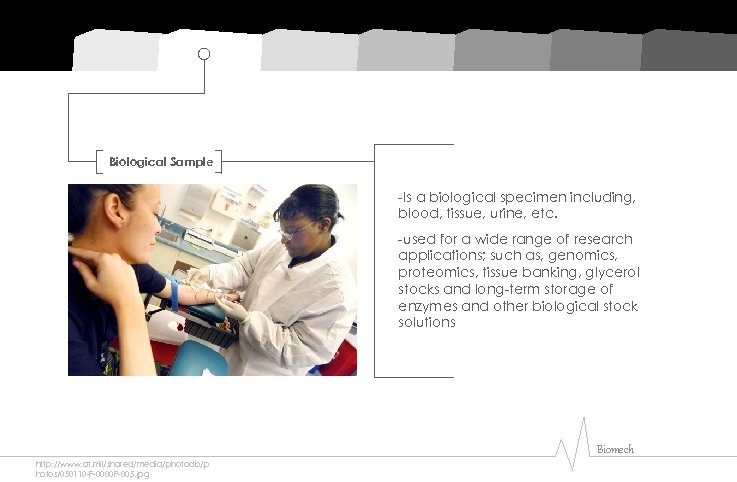 Biological Sample -Is a biological specimen including, blood, tissue, urine, etc. -used for a
