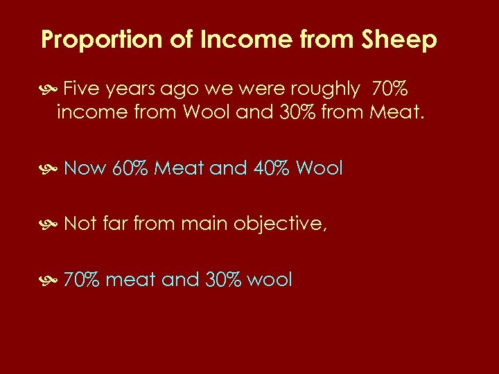 Proportion of Income from Sheep Five years ago we were roughly 70% income from