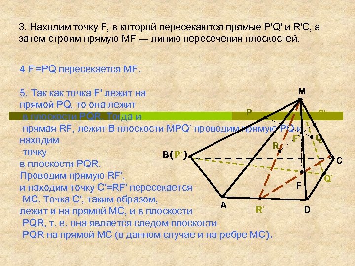 3. Находим точку F, в которой пересекаются прямые Р'Q' и R'С, а затем строим