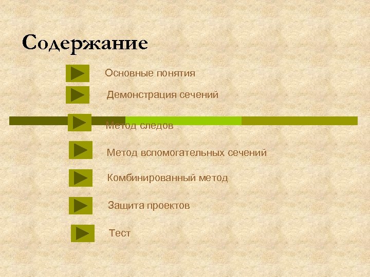 Содержание Основные понятия Демонстрация сечений Метод следов Метод вспомогательных сечений Комбинированный метод Защита проектов