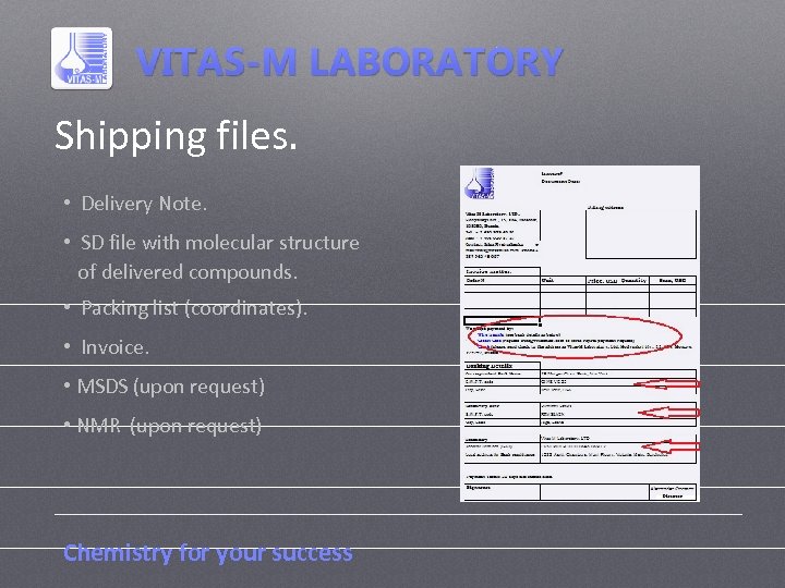 Shipping files. • Delivery Note. • SD file with molecular structure of delivered compounds.
