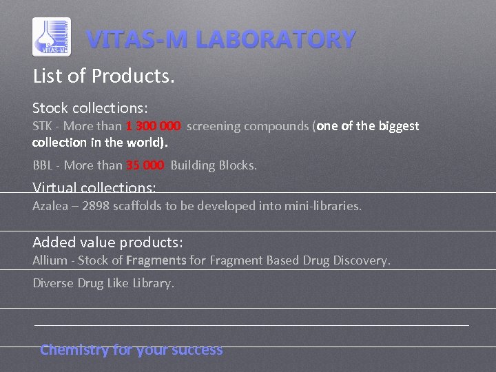 List of Products. Stock collections: STK - More than 1 300 000 screening compounds