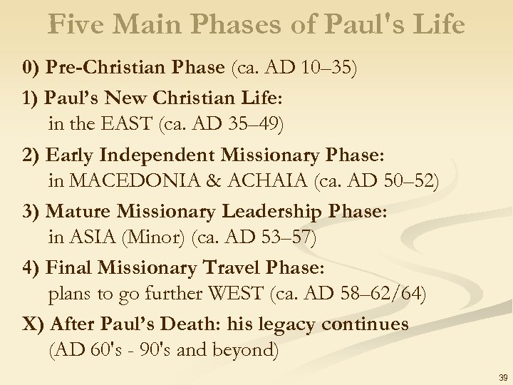 Five Main Phases of Paul's Life 0) Pre-Christian Phase (ca. AD 10– 35) 1)