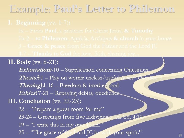 Example: Paul’s Letter to Philemon I. Beginning (vv. 1 -7): 1 a – From