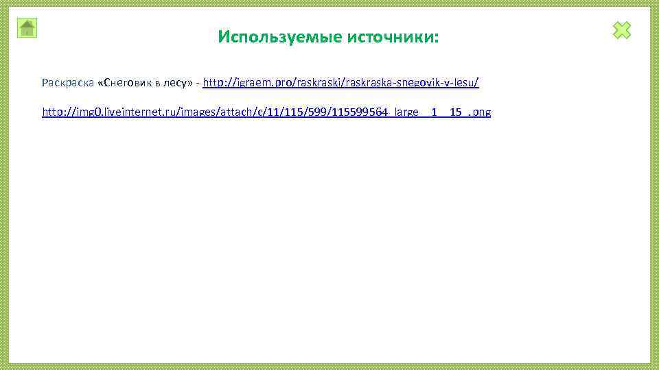 Используемые источники: Раскраска «Снеговик в лесу» - http: //igraem. pro/raski/raska-snegovik-v-lesu/ http: //img 0. liveinternet.