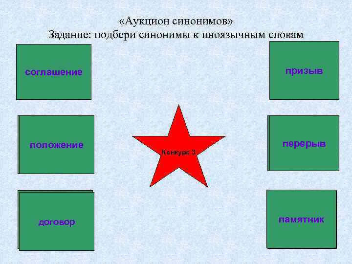  «Аукцион синонимов» Задание: подбери синонимы к иноязычным словам призыв лозунг соглашение коммюнике ситуация