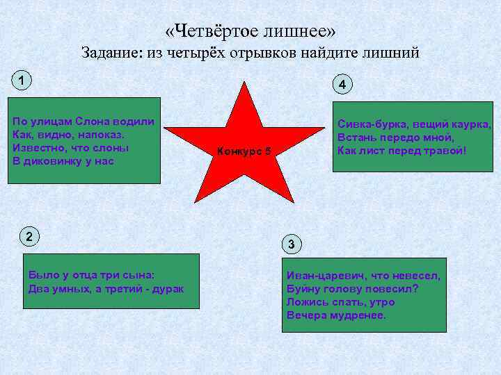  «Четвёртое лишнее» Задание: из четырёх отрывков найдите лишний 1 4 По улицам Слона
