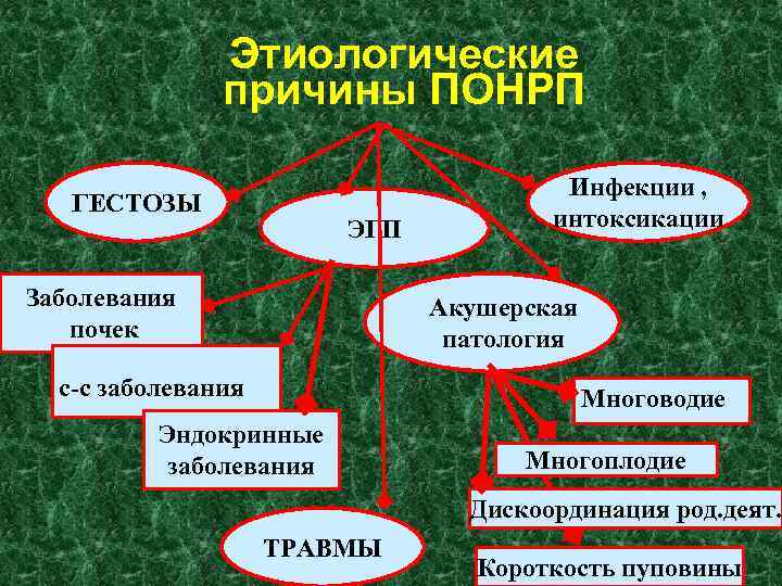 Этиологические причины ПОНРП ГЕСТОЗЫ ЭГП Заболевания почек Инфекции , интоксикации Акушерская патология с-с заболевания