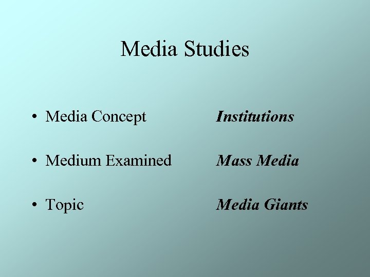 Media Studies • Media Concept Institutions • Medium Examined Mass Media • Topic Media