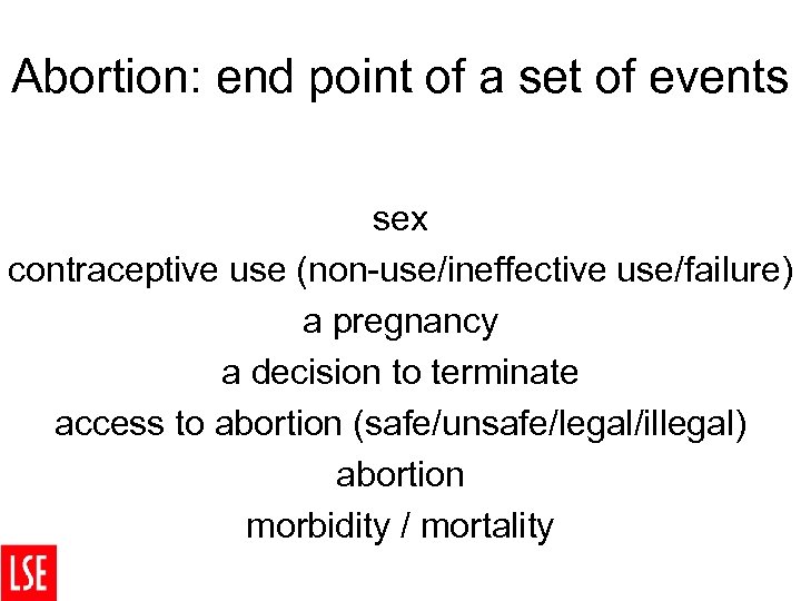 Abortion: end point of a set of events sex contraceptive use (non-use/ineffective use/failure) a