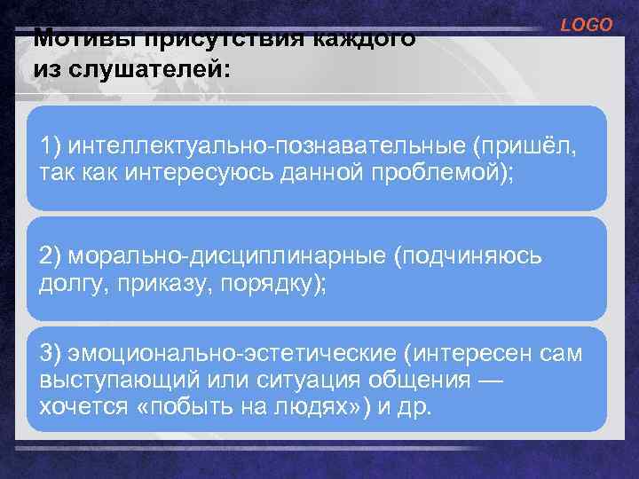Мотивы присутствия каждого из слушателей: LOGO 1) интеллектуально-познавательные (пришёл, так как интересуюсь данной проблемой);