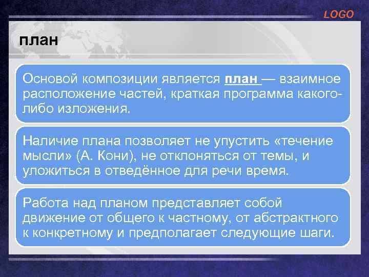 LOGO план Основой композиции является план — взаимное расположение частей, краткая программа какоголибо изложения.