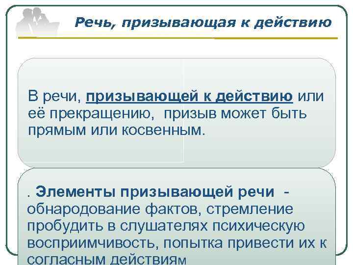Речь, призывающая к действию В речи, призывающей к действию или её прекращению, призыв может