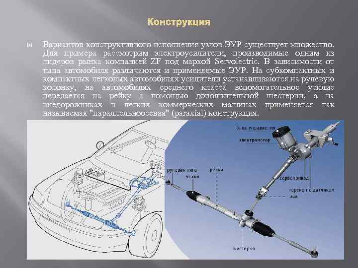 Конструкция Вариантов конструктивного исполнения узлов ЭУР существует множество. Для примера рассмотрим электроусилители, производимые одним