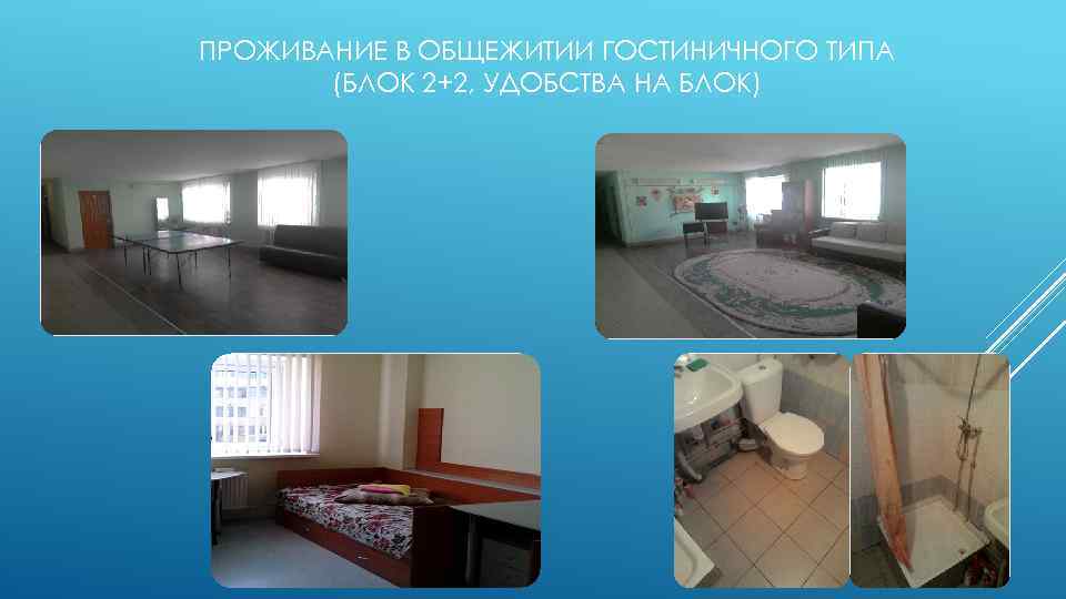 ПРОЖИВАНИЕ В ОБЩЕЖИТИИ ГОСТИНИЧНОГО ТИПА (БЛОК 2+2, УДОБСТВА НА БЛОК) 