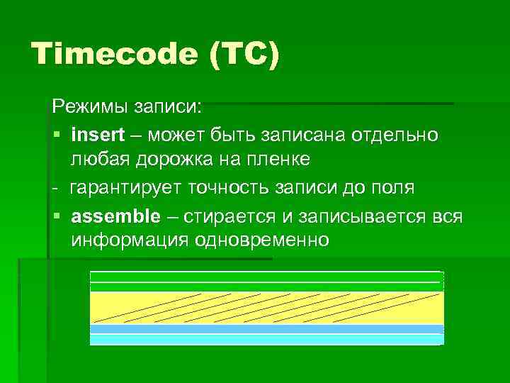 Timecode (TC) Режимы записи: § insert – может быть записана отдельно любая дорожка на