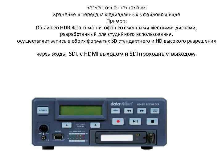 Безленточная технология Хранение и передача медиаданных в файловом виде Пример: Datavideo HDR-40 это магнитофон