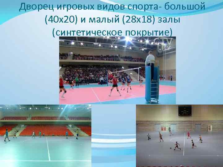 Дворец игровых видов спорта- большой (40 х20) и малый (28 х18) залы (синтетическое покрытие)