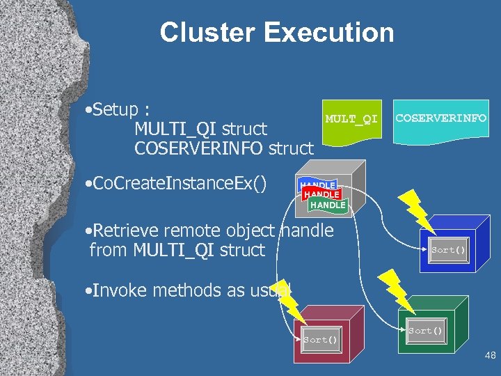 Cluster Execution • Setup : MULTI_QI struct COSERVERINFO struct • Co. Create. Instance. Ex()