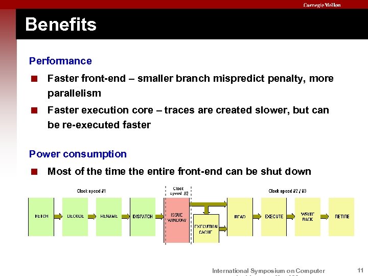 Benefits Performance < Faster front-end – smaller branch mispredict penalty, more parallelism < Faster