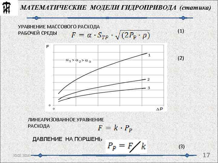 . МАТЕМАТИЧЕСКИЕ МОДЕЛИ ГИДРОПРИВОДА (статика) УРАВНЕНИЕ МАССОВОГО РАСХОДА РАБОЧЕЙ СРЕДЫ (1) (2) ЛИНЕАРИЗОВАННОЕ УРАВНЕНИЕ