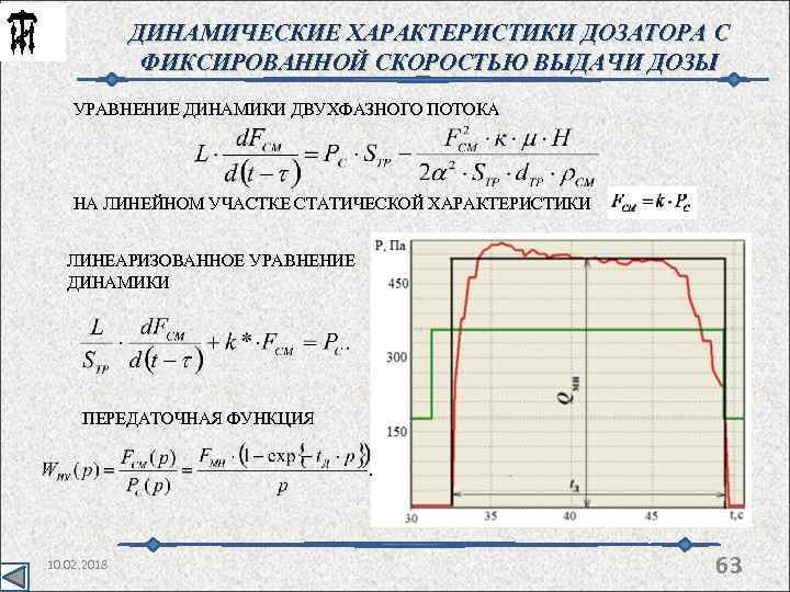 ДИНАМИЧЕСКИЕ ХАРАКТЕРИСТИКИ ДОЗАТОРА С ФИКСИРОВАННОЙ СКОРОСТЬЮ ВЫДАЧИ ДОЗЫ УРАВНЕНИЕ ДИНАМИКИ ДВУХФАЗНОГО ПОТОКА НА ЛИНЕЙНОМ