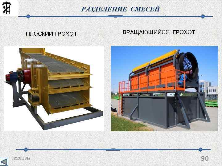 РАЗДЕЛЕНИЕ СМЕСЕЙ ПЛОСКИЙ ГРОХОТ 10. 02. 2018 ВРАЩАЮЩИЙСЯ ГРОХОТ 90 