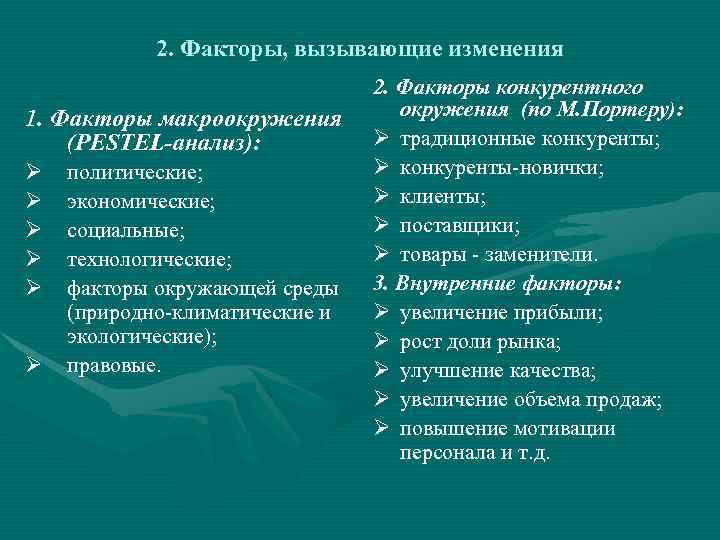 2. Факторы, вызывающие изменения 1. Факторы макроокружения (PESTEL-анализ): Ø Ø Ø политические; экономические; социальные;