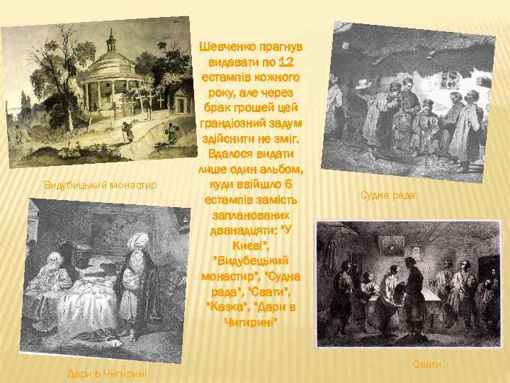 Видубицький монастир Дари в Чигирині Шевченко прагнув видавати по 12 естампів кожного року, але