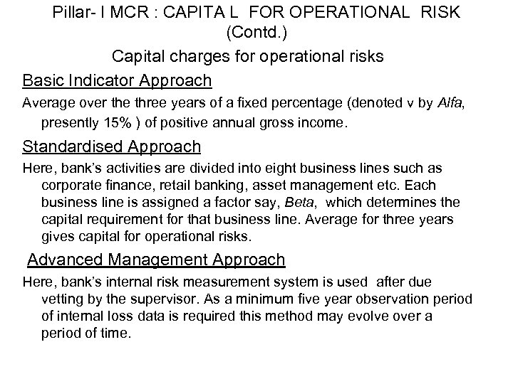 Pillar- I MCR : CAPITA L FOR OPERATIONAL RISK (Contd. ) Capital charges for