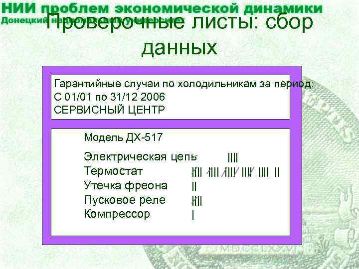 Проверочные листы: сбор данных Гарантийные случаи по холодильникам за период: С 01/01 по 31/12