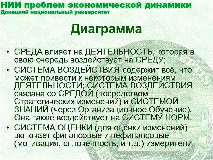 Диаграмма • СРЕДА влияет на ДЕЯТЕЛЬНОСТЬ, которая в свою очередь воздействует на СРЕДУ; •