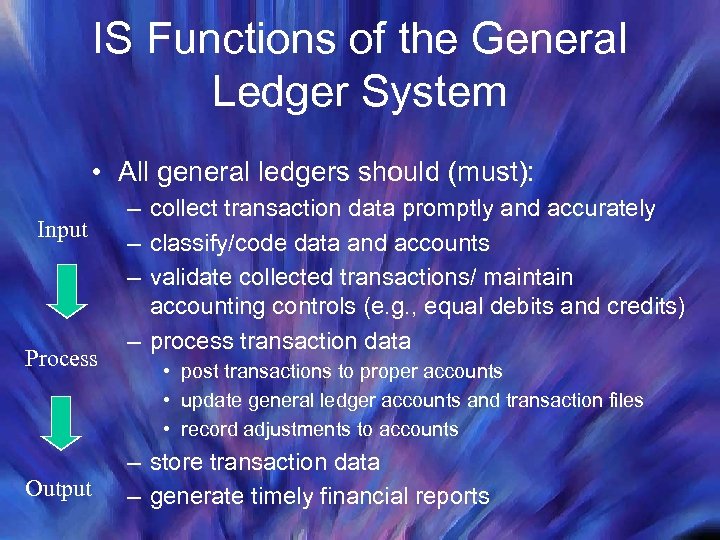 IS Functions of the General Ledger System • All general ledgers should (must): Input