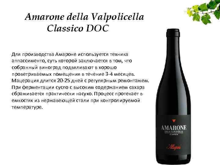 Amarone della Valpolicella Classico DOC Для производства Амароне используется техника аппассименто, суть которой заключается