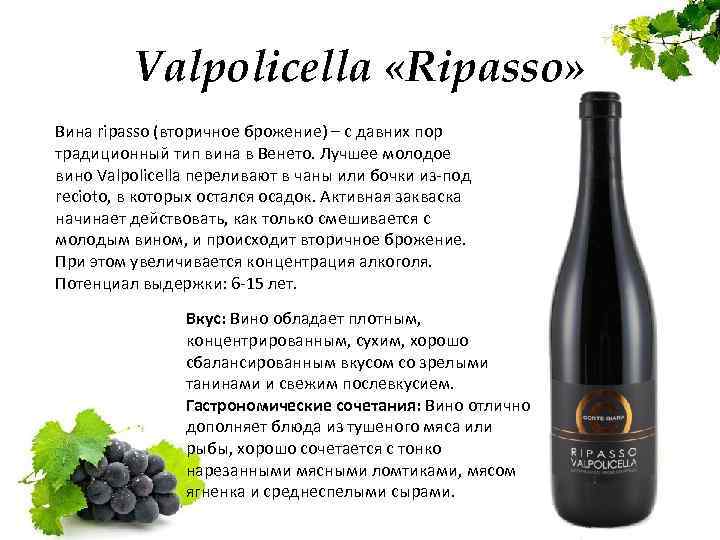 Valpolicella «Ripasso» Вина ripasso (вторичное брожение) – с давних пор традиционный тип вина в