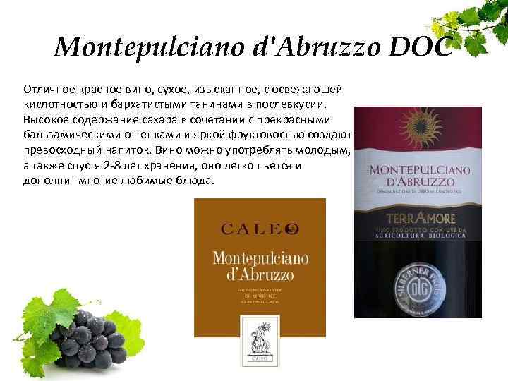 Montepulciano d'Abruzzo DOC Отличное красное вино, сухое, изысканное, с освежающей кислотностью и бархатистыми танинами