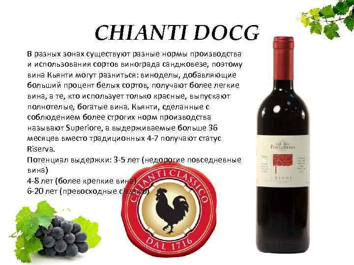 CHIANTI DOCG В разных зонах существуют разные нормы производства и использования сортов винограда санджовезе,