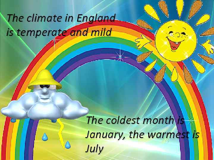 The climate in England is temperate and mild The coldest month is January, the