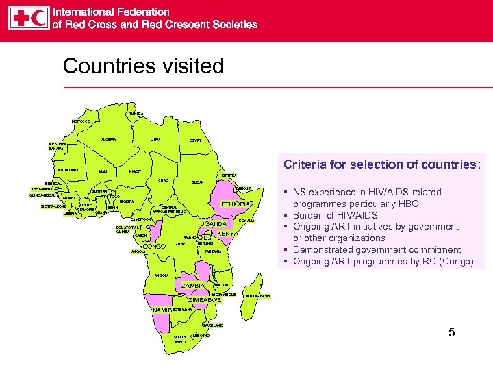 Countries visited TUNISIA MOROCCO ALGERIA LIBYA EGYPT WESTERN SAHARA MAURITANIA MALI Criteria for selection