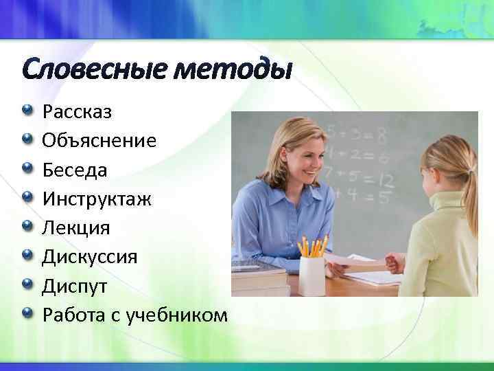 Рассказ Объяснение Беседа Инструктаж Лекция Дискуссия Диспут Работа с учебником 