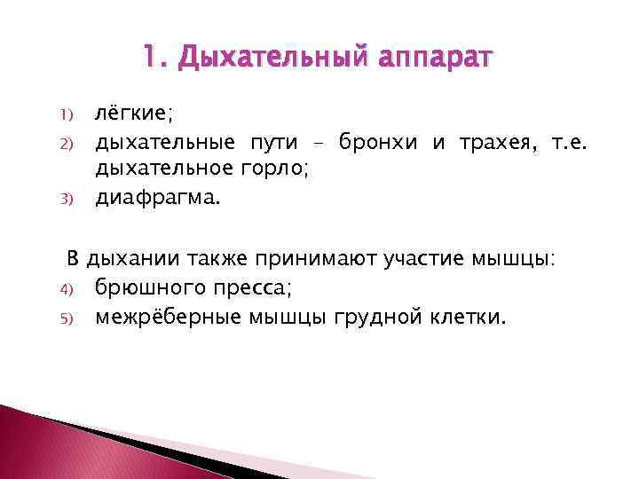 1. Дыхательный аппарат 1) 2) 3) лёгкие; дыхательные пути - бронхи и трахея, т.