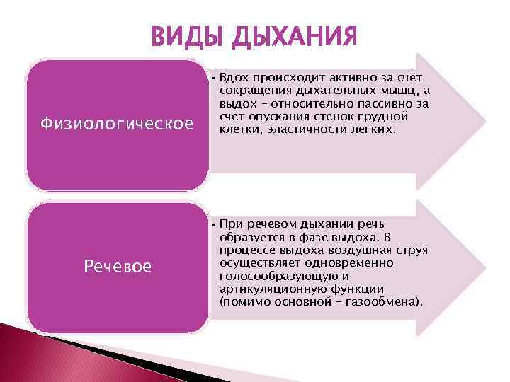ВИДЫ ДЫХАНИЯ Физиологическое Речевое • Вдох происходит активно за счёт сокращения дыхательных мышц, а